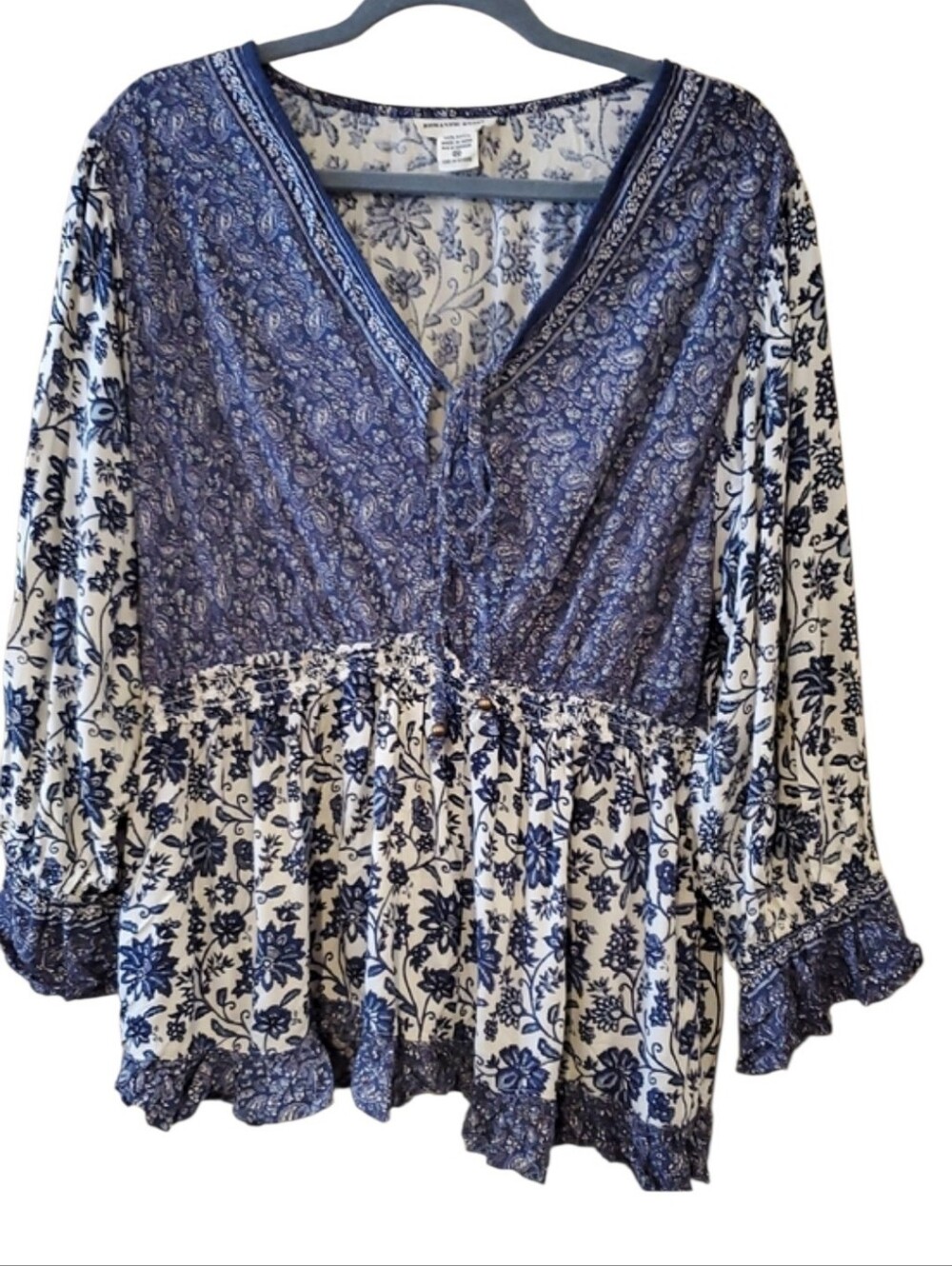 Romantic Gypsy Boho Floral And Paisley Top In Blue And White Size 2X
